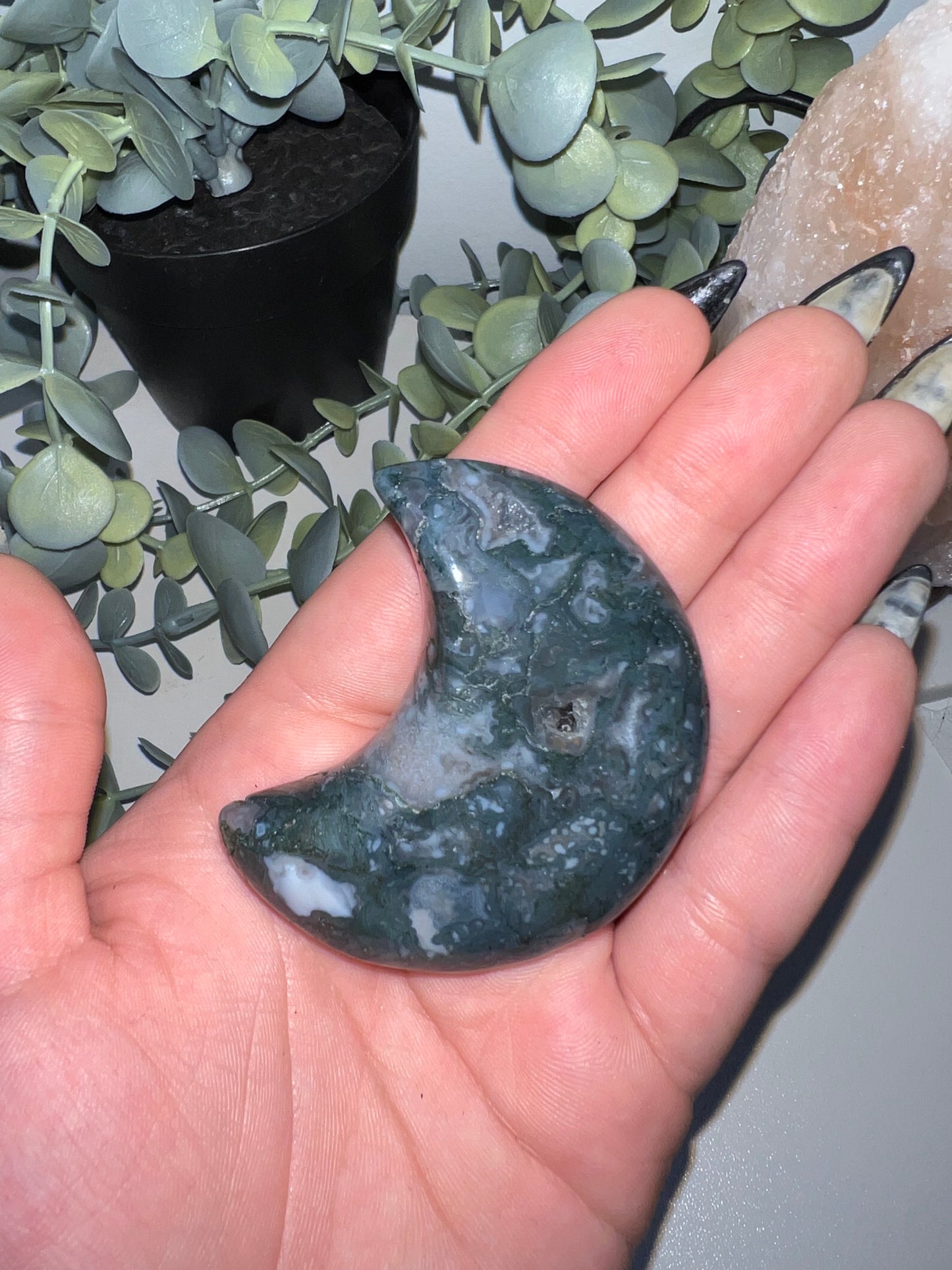 Moss Agate Moon Carving A