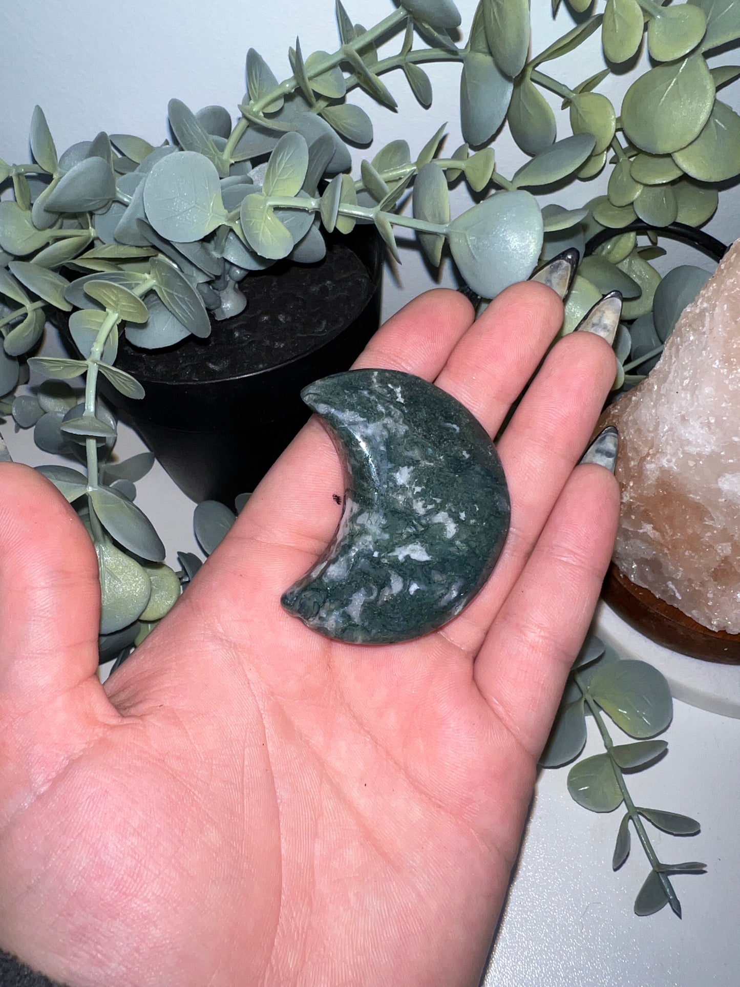 Moss Agate Moon Carving B